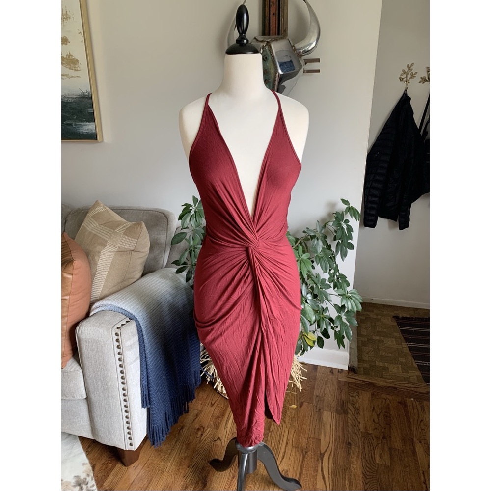 Red Deep V-neck Party Dress with high slit + strappy back